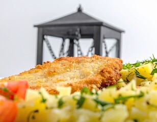 Crispy Golden Breaded Cutlet with Herbed Potato Salad in an Artistic LowAngle Shot.