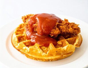Crispy Fried Chicken on a Golden Waffle Lavishly Topped with a Savory Red Sauce.