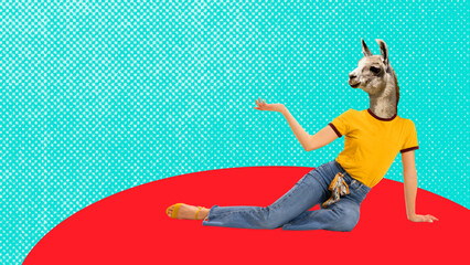 Creative collage template. Llama headed woman in casual outfit posing on colorful stage. Concept of lifestyle fashion, editorial humor, surreal art, creative portrait, and identity.