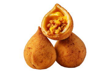 Fried Brazilian coxinhas cone snack filled shredded chicken cheese with golden crispy texture isolated on white transparent background, concept of traditional street food