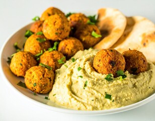Crispy Golden Falafel Platter with Creamy Hummus Dip and Fresh Parsley Garnish.