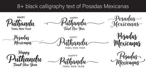 Elegant Calligraphic Designs Featuring Happy Puthandu and Posadas Mexicanas Festive Greetings in Black Ink