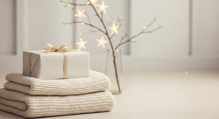 A minimalist Christmas scene featuring a gift and warm blankets, decorated with twinkling lights.