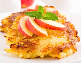 Crispy Golden Potato Pancakes Garnished with Fanned Apple Slices and Fresh Mint.
