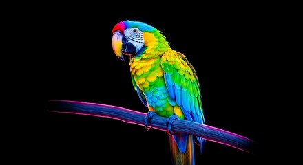Fototapeta premium Vibrant macaw parrot perched on a neon branch against a stark black backdrop offering a striking visual contrast