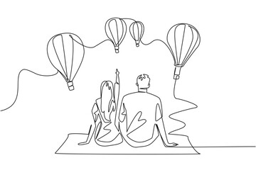 Single line drawing of couple sitting and watching hot air balloons conveys a love and travel concept under Hot Air Balloon Day, representing romance, exploration, and scenic international celebration