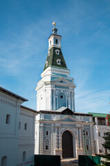 The gate tower in the Holy Trinity Sergius Lavra on a clear sunny day. Sights of Russia, World tourism.