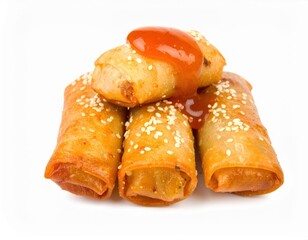 Crispy Golden Spring Rolls with Sesame Seeds and Tangy Red Sauce on White.