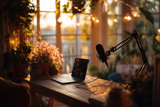 Cozy home podcast workspace bathed in golden sunset light — laptop and professional microphone on a plant-filled wooden desk for creative recording