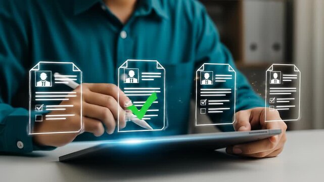 Resume Selection and Application Review: HR Manager Screening Job Candidates, Digital Recruitment Process, and Talent Acquisition using Tablet Technology