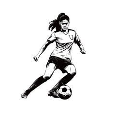 Fototapeta premium Dynamic action of a female soccer player skillfully dribbling a ball. The athlete showcases her technique and focus in a practice session, emphasizing athleticism.