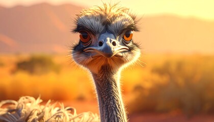 Close-up of a curious ostrich, head and neck, against a backdrop of golden, warm-toned landscape.