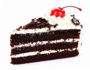 Decadent Black Forest Cake Slice with Rich Chocolate Layers and a Glossy Cherry.