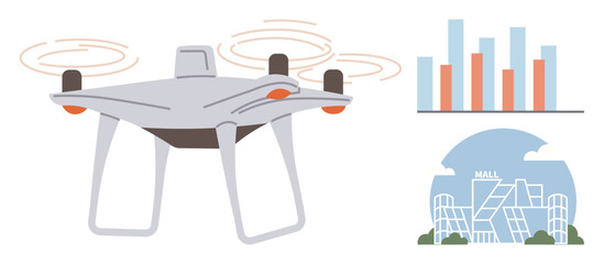 Flying quadcopter with spinning rotors, data graph for analysis, and futuristic mall architecture. Ideal for technology, data, urban development, innovation, retail logistics research. Simple flat