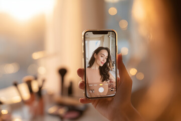 Woman taking a warm golden-hour selfie with smartphone at vanity mirror, capturing beauty, makeup and influencer-style lifestyle content