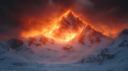 Fiery mountain peak illuminated by dramatic orange sky snow covered slopes and atmospheric clouds