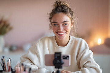 Smiling young woman recording a beauty vlog at home, cozy lifestyle content creator filming makeup tutorial with smartphone and warm lighting