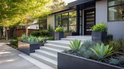 Sunlight casting warm glow on minimalist home entrance, concrete steps flanked by metal planters holding succulents, leading to sleek black doorway
