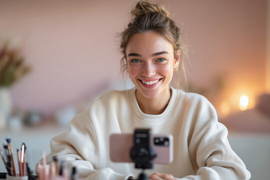 Smiling young woman recording a beauty vlog at home, cozy lifestyle content creator filming makeup tutorial with smartphone and warm lighting