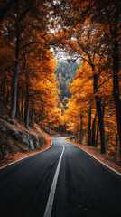 Obraz premium Autumn road through orange forest, autumn phone background, fall mobile wallpaper
