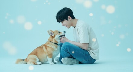 Young Korean man playing with corgi dog on soft blue background  