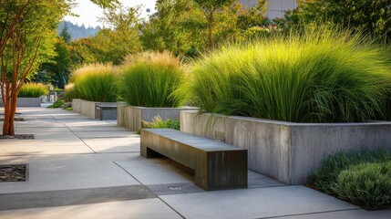 Morning sunlight casting warm glow on urban park landscape, featuring ornamental grasses growing in concrete planters, bordering sleek metal bench and paved walking paths