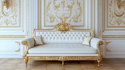 A luxurious white and gold ornate sofa set against a beautifully designed wall with intricate patterns and details.