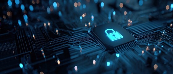 A close-up view of a digital circuit board featuring a glowing padlock icon, symbolizing cybersecurity and data protection in a technological environment.