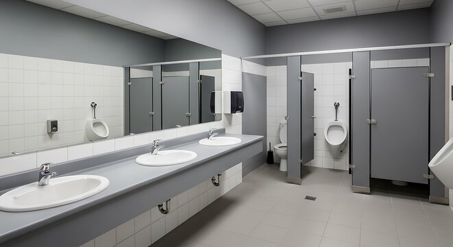 Clean and modern public restroom with multiple stalls and sinks.