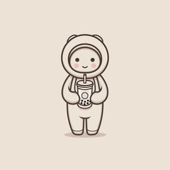 A playful character dressed in a bear costume stands cheerfully while holding a drink with a straw, creating an adorable vibe. The background is soft and neutral.