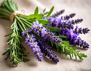 Fresh lavender and rosemary herb bundle tied with twine on rustic wooden surface for aromatherapy and culinary use