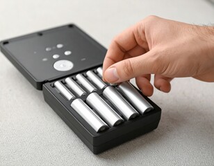 Hand inserting rechargeable battery into smart universal charger with digital display and multiple slots
