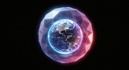 Obraz premium The planet Earth protected by a futuristic glowing crystalline shield, symbolizing a global network, data, and future technology