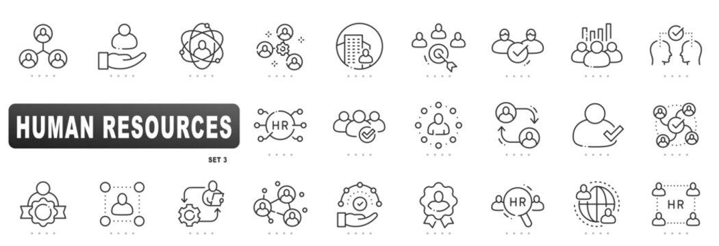 Human resources outline icon set covering recruitment, hiring, onboarding, training, performance analytics, team management, employee engagement, compliance, vector, editable stroke