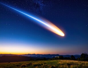 Brilliant meteor with glowing tail streaking across starry night sky above mountain landscape at sunset with dramatic lighting