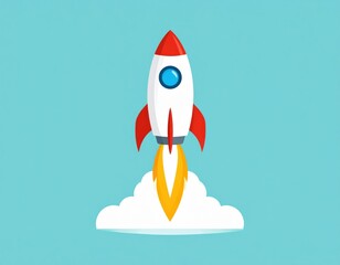Colorful cartoon rocket ship launching with orange flame exhaust and white smoke cloud on turquoise background