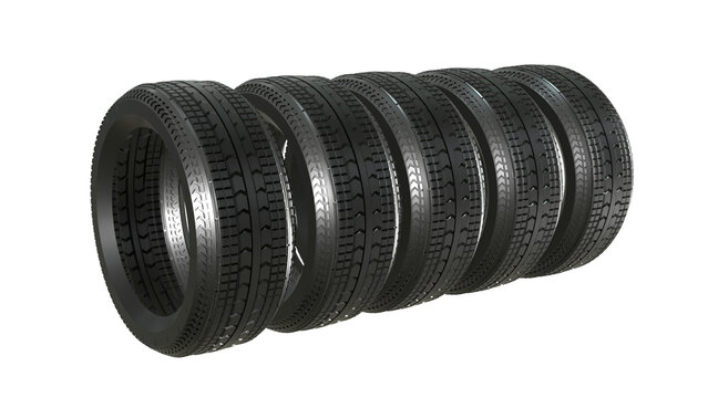 five new car tires lined up created by 3D modeling.