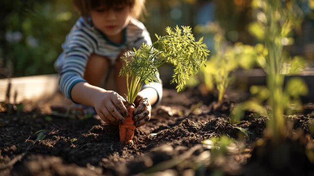 Close-up of child hands harvesting fresh orange carrot from dark soil in sunny garden with blurred background.