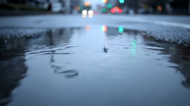 Rain Puddle Reflects Soft Sky on Asphalt