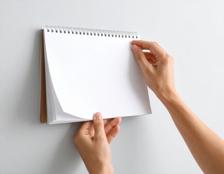 Hands turning blank white page of spiral-bound notepad on clean white surface, representing fresh start and creative possibilities.