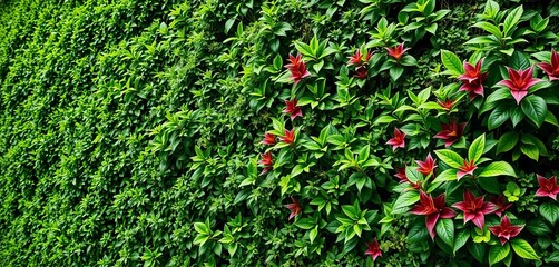 Lush green wall, vibrant plants thriving vertically,  wall decor,  urban gardening