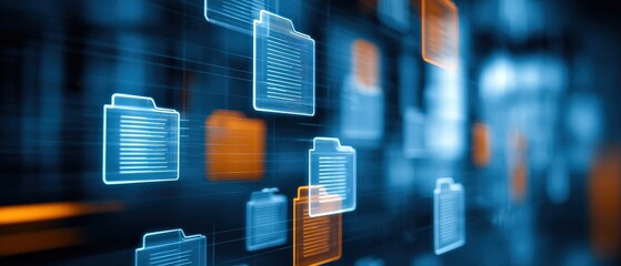 A digital illustration of floating file folders in blue and orange tones, representing data storage and information management.