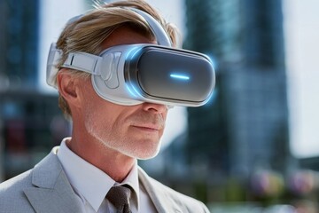 Futuristic Executive Using VR Headset for Data Analytics in Stock Market Investment Strategies
