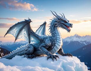 Majestic ice dragon with blue scales and spread wings perched on snowy mountain peak at sunset