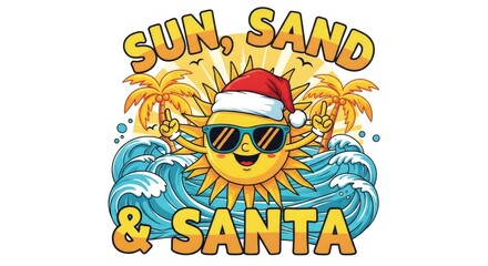 Fototapeta premium A summer christmas concept with a smiling sun wearing a santa hat and sunglasses surrounded by waves and palm trees.