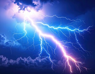 Dramatic lightning bolts illuminating stormy sky with electric blue and purple clouds creating spectacular natural light display during thunderstorm.