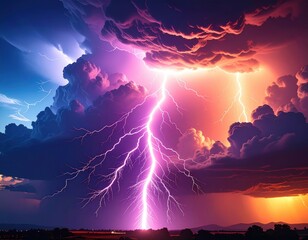 Dramatic lightning bolt illuminates vibrant storm clouds in spectacular purple, pink and orange sunset sky with electric atmospheric display over landscape silhouette.