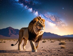 Majestic lion walking across desert landscape under brilliant starry night sky with glowing Milky Way galaxy stretching across cosmic backdrop.