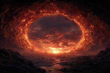 Fiery apocalyptic cave scene shows landscape with destroyed city. Use this for science fiction or fantasy book cover illustration.