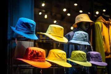 Brightly colored hats are arranged neatly on a display shelf outside a clothing store. The vibrant hues include blue, yellow, red, and green, attracting passersby